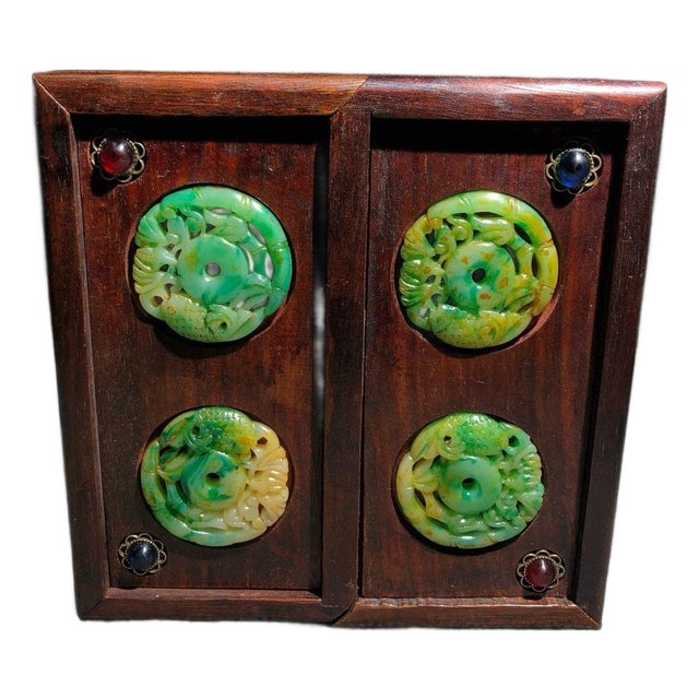 Vintage Rosewood Jewelry Box With Jade Inlay - Asian Two-Drawer Chest For Sale