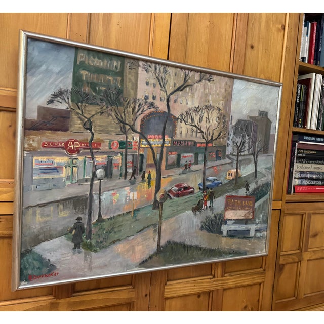 Post Impressionist Hyde Park Neighborhood, the Piccadilly Theater, Chicago, Il 1957, Oil Painting by Ruth L. Drucker For Sale - Image 3 of 9