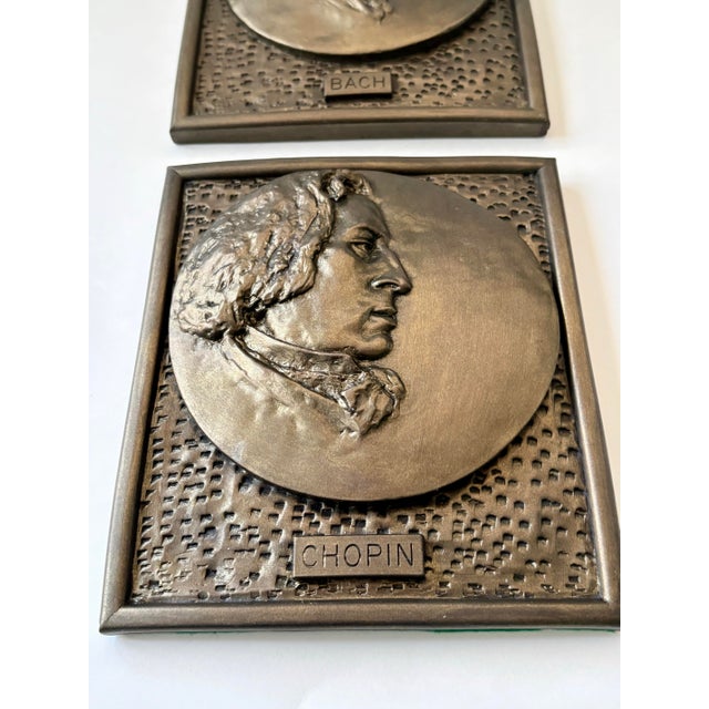 Vintage Metal Relief Wall Plaques of Bach & Chopin, Set of 2 For Sale In Miami - Image 6 of 9