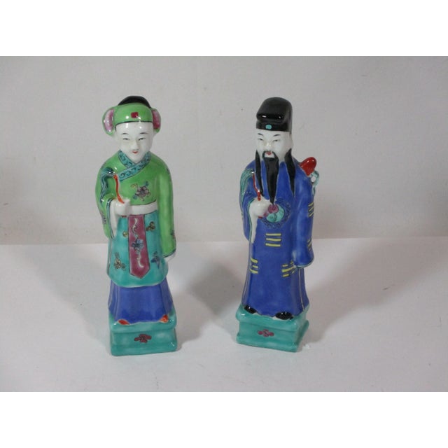 Royal Blue Vintage Chinese Hand Painted Figurines - Set of 2 For Sale - Image 8 of 8
