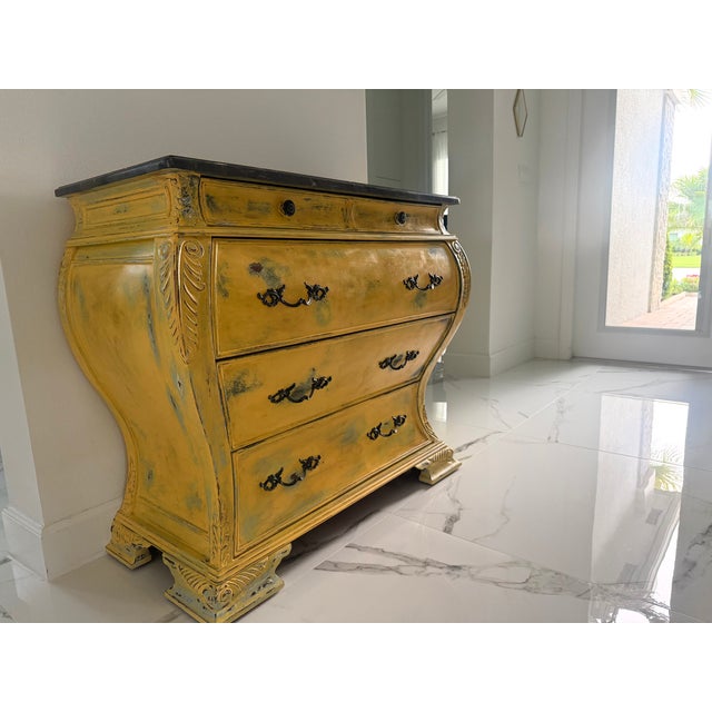 French Provincial Bombe Commode With Marble Top in Distressed Mustard Finish For Sale In Naples, FL - Image 6 of 14