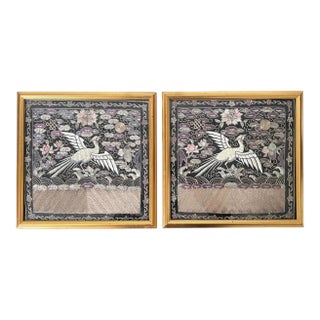 Pair of Framed Chinese Embroidered Ninth Rank Badges Qing Dynasty For Sale