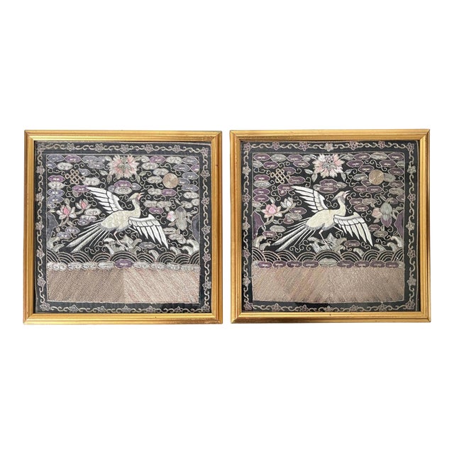 Pair of Framed Chinese Embroidered Ninth Rank Badges Qing Dynasty For Sale