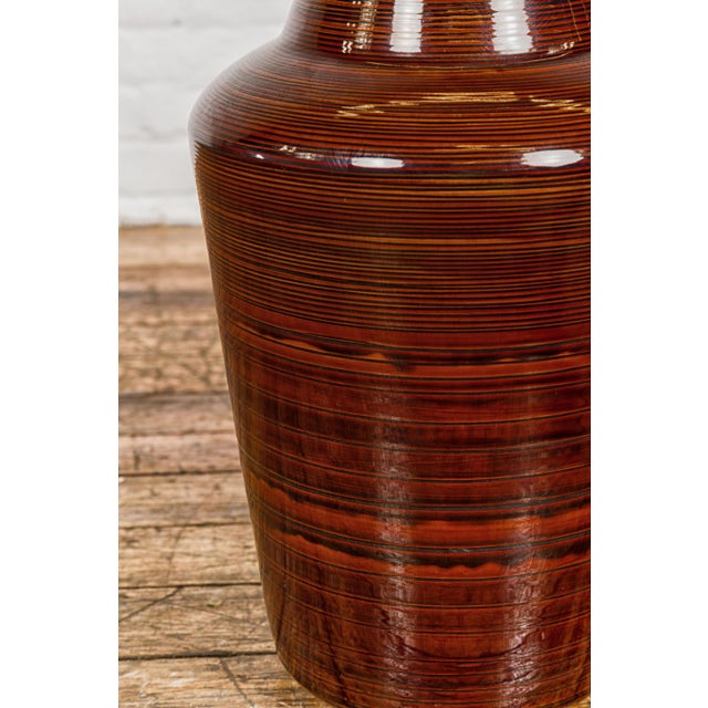 Artisan Brown Glaze Vase with Black Concentric Motifs and Tapering Lines For Sale - Image 12 of 12