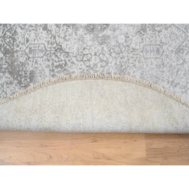 Transitional Gray, Hand Knotted Broken Persian Design, Wool and Pure Silk, Round Oriental Rug For Sale - Image 3 of 9