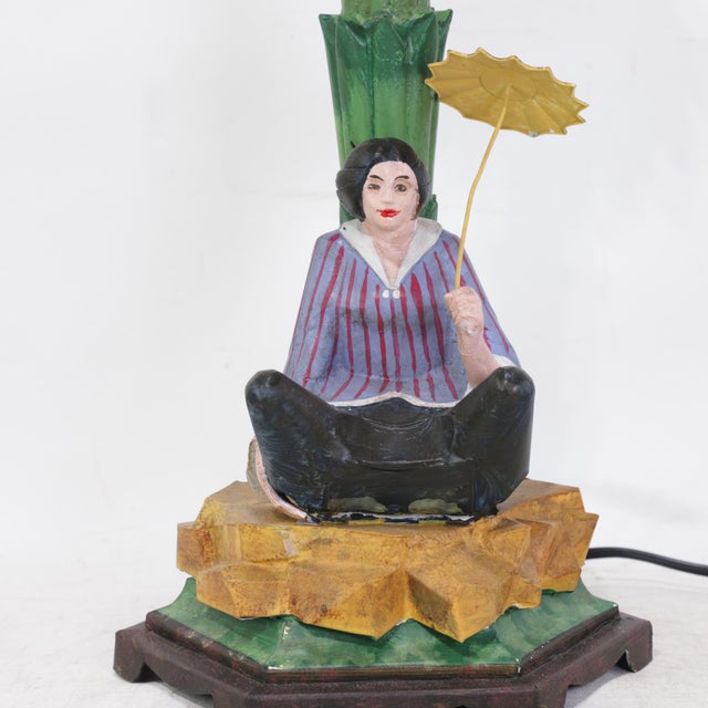 Pair of Vintage Hand-Painted Chinoiserie Tole Palm Tree and Figurine Table Lamps For Sale - Image 10 of 12