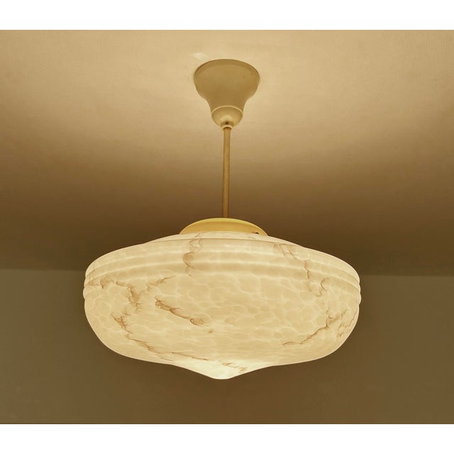 Metal Art Deco Ivory Glass Pendant Light, 1950s For Sale - Image 7 of 18