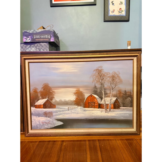 Original Oil Painting - Winter Farmland Barns - Raymond Original 1980s 90s Extra Large For Sale - Image 4 of 4