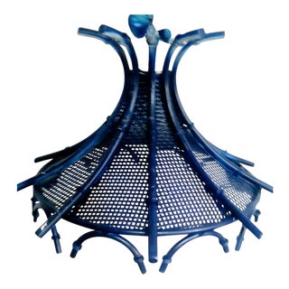 Vintage Navy Blue Pagoda Faux Bamboo Palm Beach Regency Chandelier Light For Sale