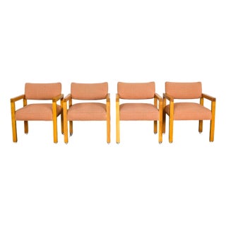Modern Armchairs Square Frame Oak With Original Blush Textured Fabric, Set of Four For Sale