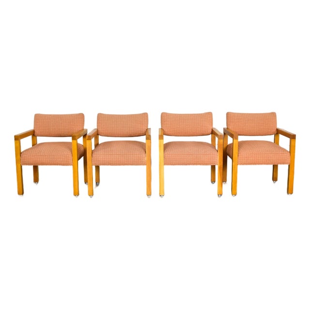 Modern Armchairs Square Frame Oak With Original Blush Textured Fabric, Set of Four For Sale