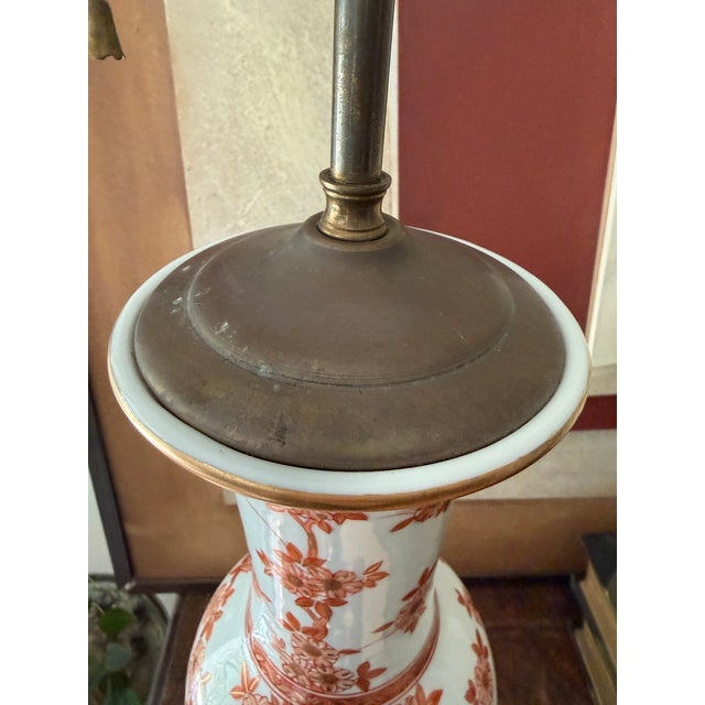 Cinnamon Vintage Chinoiserie Cherry Blossom Bird Table Lamp, Cinnamon and White Asian Floral Ceramic Lamp For Sale - Image 8 of 11