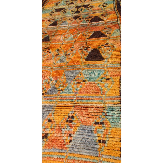 Mid 20th Century Long Vintage Moroccan Runner With Tribal Design in Orange, Brown, Blue and Green For Sale In Atlanta - Image 6 of 13