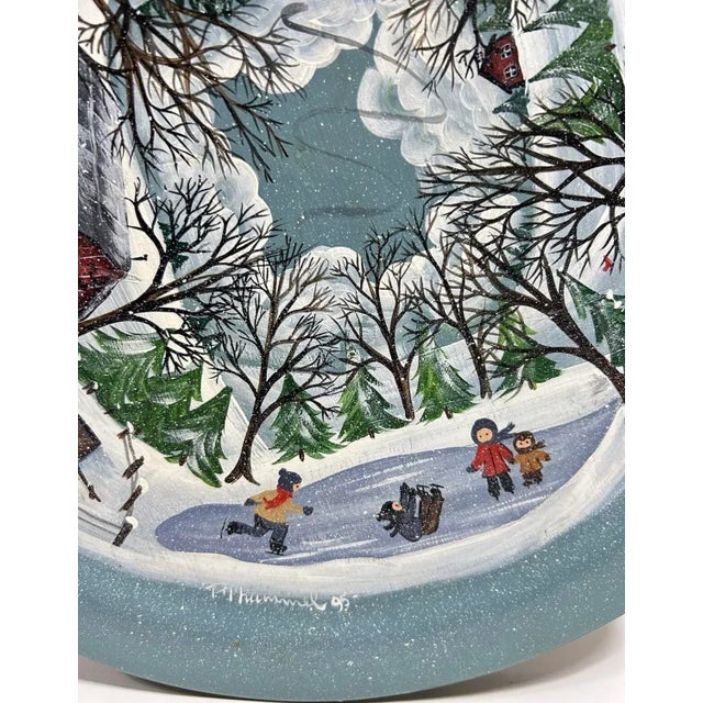 Wood 1995 Signed Hummel Hand-Painted Winter Village Folk Art Lazy Susan For Sale - Image 7 of 12
