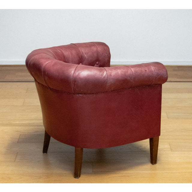 Mid-Century Modern Swedish Red-Brown Leather Chesterfield Armchair, 1930s For Sale - Image 3 of 12