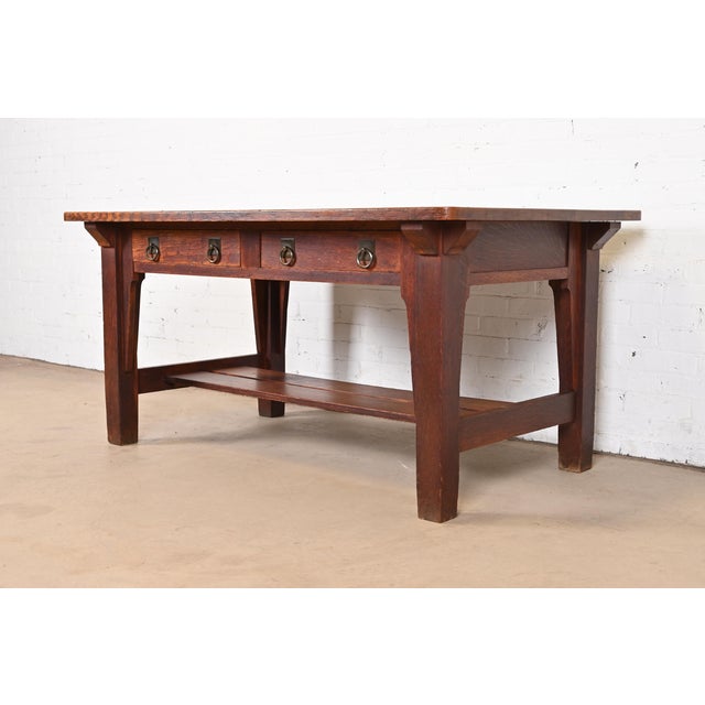 An exceptional antique Mission or Arts & Crafts writing desk or library table By Stickley Brothers USA, Circa 1900 Quarter...