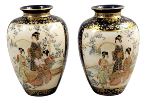 Japanese Meiji Cobalt and Gilded Kyoto Satsuma Vases from Kinkozan, 1890s, Set of 2