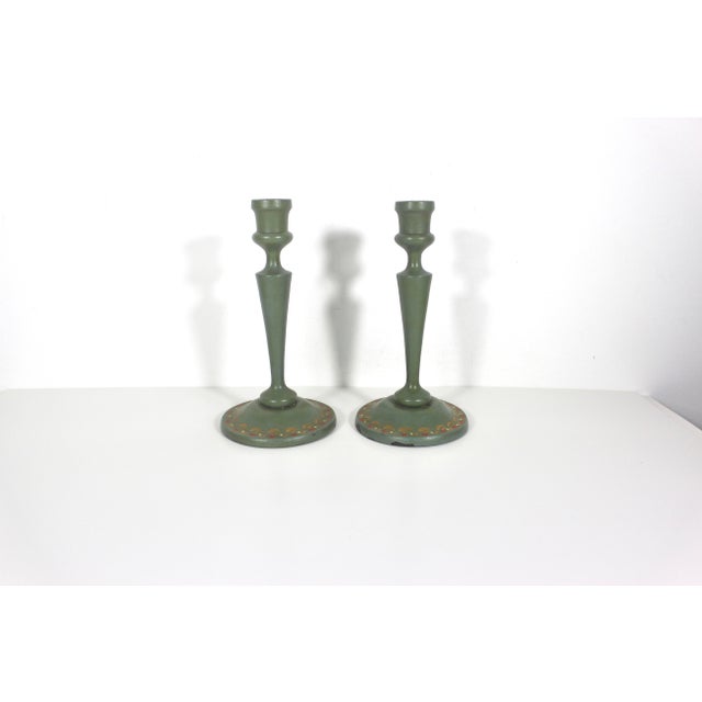 Farmhouse Antique Hand Painted Wooden Candle Holders a Pair For Sale - Image 3 of 11