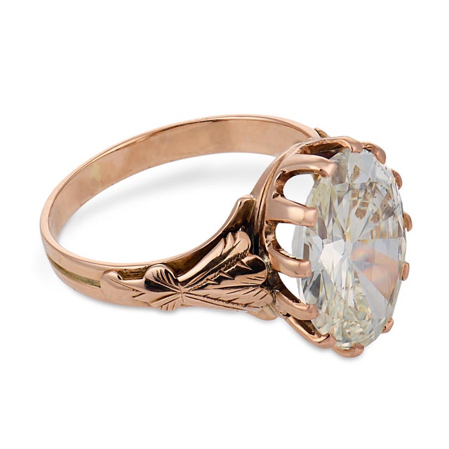 Early 20th Century Victorian Gia 4.06 Carat Oval Cut Diamond 12k Rose Gold Engagement Ring, Size 5.5 For Sale - Image 4 of 8