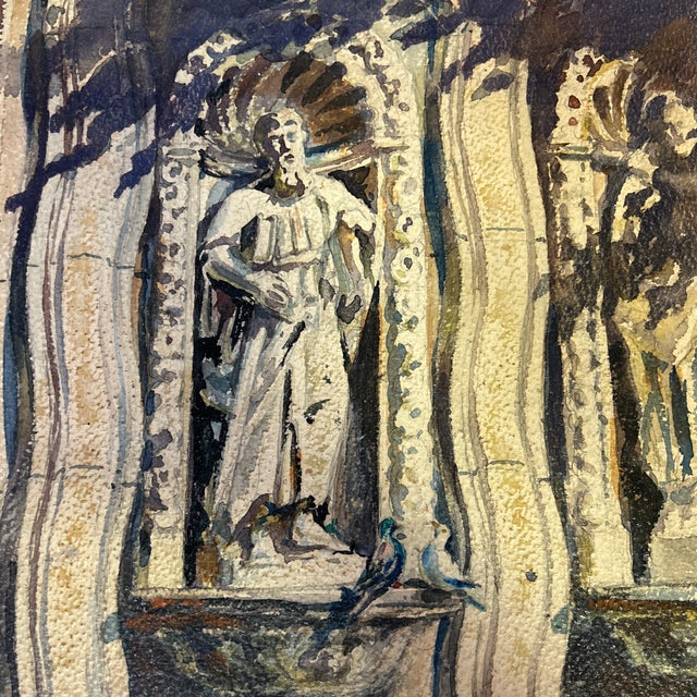 1970s 1970’s Original Impressionist Architectural Watercolor Painting “St. Paul & the Pigeons” For Sale - Image 5 of 6