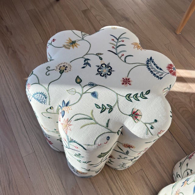 Custom Upholstered Scalloped Ottomans in Chelsea Textiles Floral Hand Embroidery Linen - A Pair For Sale - Image 4 of 8