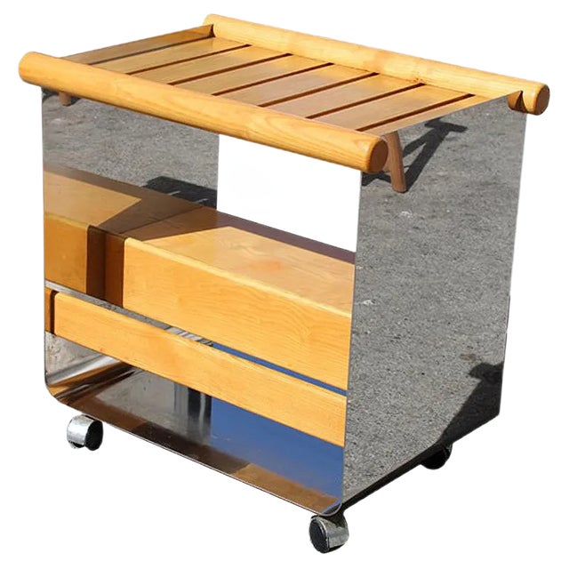 Minimalist Italian Chestnut & Steel Bar Trolley, 1970s For Sale