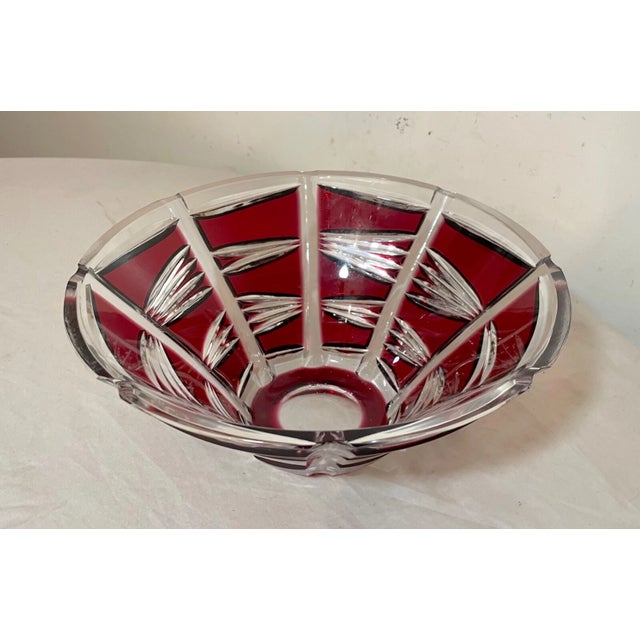 Vintage Bohemian Czech Centerpiece Cranberry Red Cut to Clear Glass Crystal Bowl For Sale - Image 4 of 12