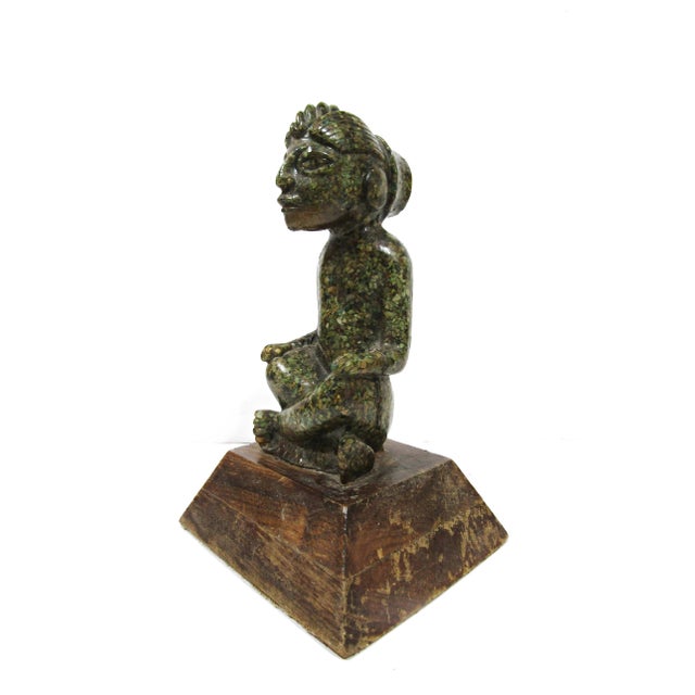 Aztec-Inspired Pre-Columbian Style Seated Figure Statue on Wood Base For Sale - Image 4 of 10