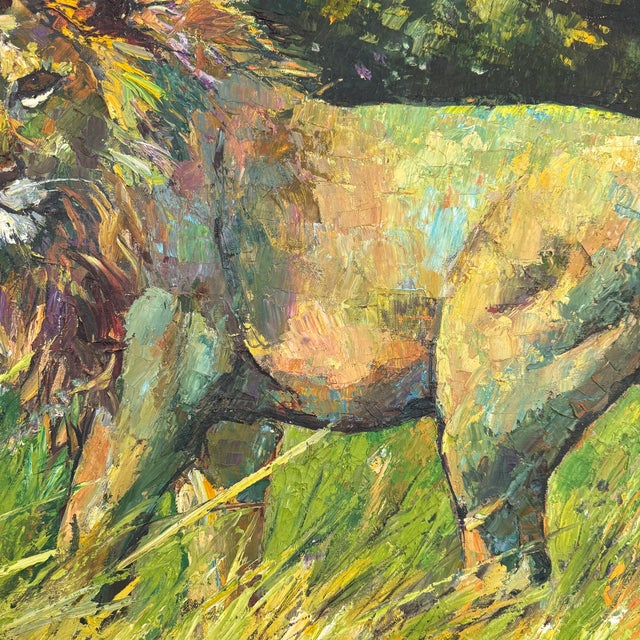 1970s Framed Impressionist Lion in the Wild Painting by Noparat Livisddhi For Sale - Image 4 of 10