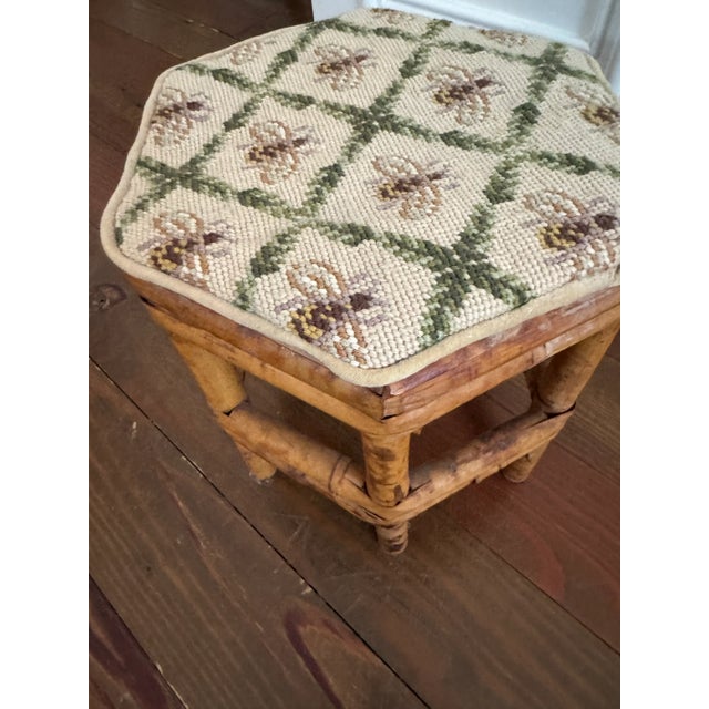 1980s Vintage Burnt Bamboo Stool With Hand-Stitched Needlepoint Top For Sale - Image 5 of 9