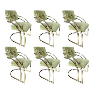 1970s Set of 6 Green Velvet Waterfall Cantilever Brass Plated Dining Chairs For Sale