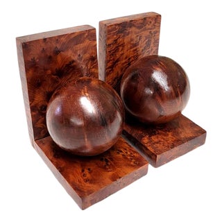 1970s Set of 2 Art Deco Modern Burl Wood Bookends For Sale