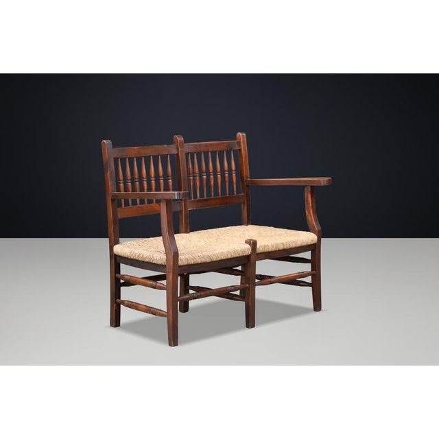 Gold French Patinated Beech and Rush 2-Seat Bench, France, 1950s For Sale - Image 8 of 11
