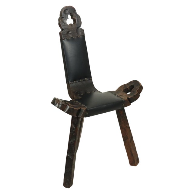 Mid-Century Brutalist Tripod Chair in Pine and Faux Leather, Spain For Sale - Image 4 of 15