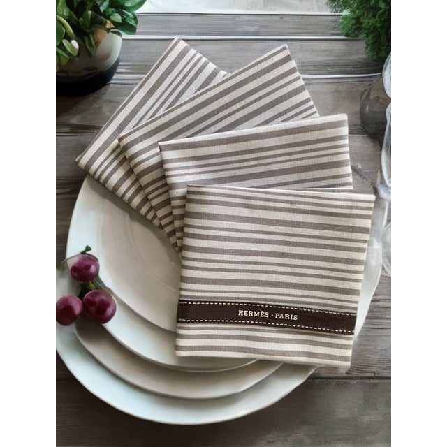Contemporary Bespoke Cocktail Napkins (Gray/White With Hermes Brown Ribbon) - Set of 4 For Sale - Image 3 of 6