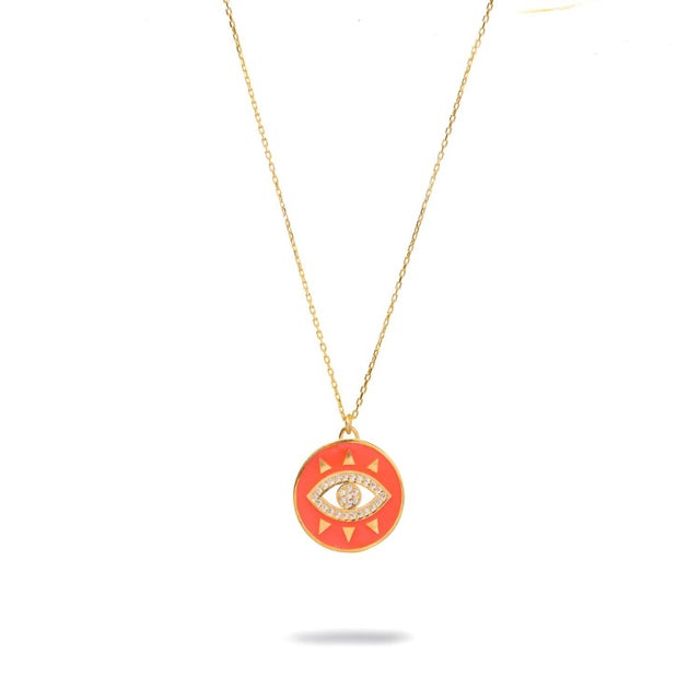 Contemporary Cheerful Neon Pink Evil Eye & Diamond Pendant Gold Chain Necklace For Sale - Image 3 of 7