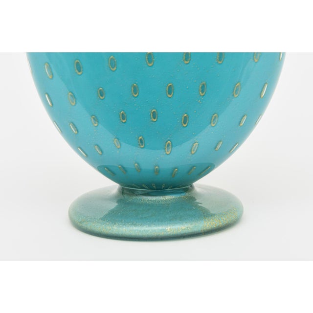 Metal MId Century Modern Murano Barovier E Toso Turquoise Glass Bottle or Vase With Gold Droplets For Sale - Image 7 of 9