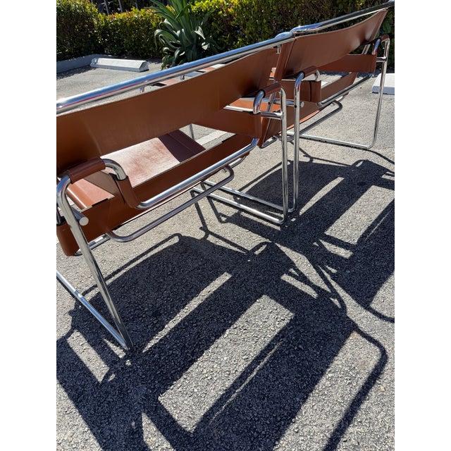 Brown Iconic Knoll Wassily Leather Lounge Chairs by Marcel Breuer a Pair For Sale - Image 8 of 12