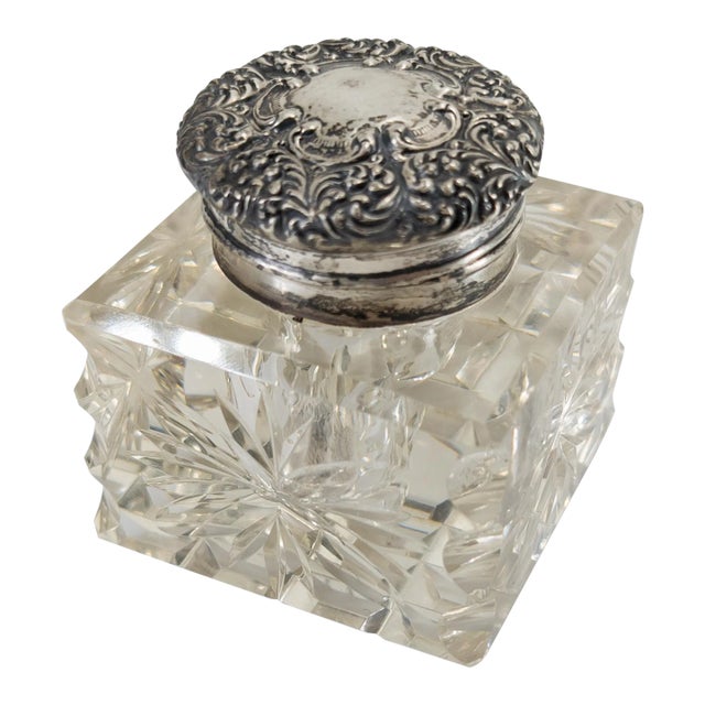 Early 20th Century Sterling Silver and Crystal Glass Inkwell by Unger Brothers For Sale