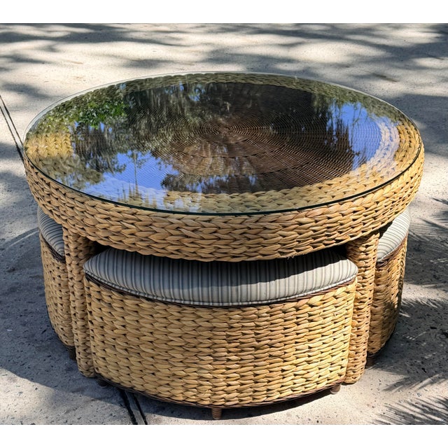 Round Woven Wicker Coffee/Game Table Set With Matching Nesting Stools Ottomans and Glass Top For Sale - Image 11 of 12