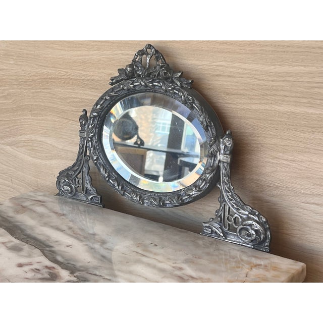 19th Louis XVI Style Pair of Marquetry Nightstands With Bronze & Mirror Crest For Sale - Image 9 of 12