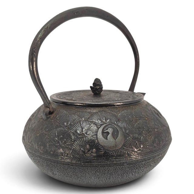20th Century Oigen Nanbu Seieido Nambu Cast-Iron Pine and Crane Tetsubin For Sale - Image 9 of 16