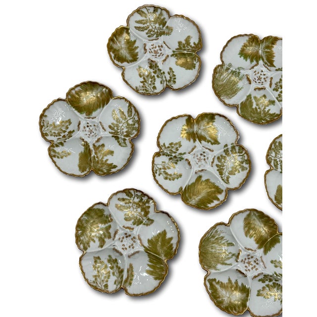 Beautiful & Fine Quality 22k Gold & Ferns Decorated Antique French Limoges Porcelain Oyster Plates Set of 7 For Sale - Image 11 of 18