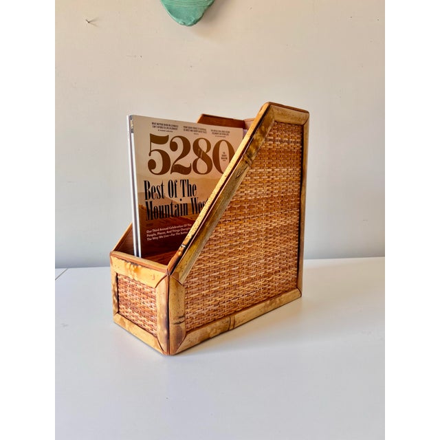 Vintage bamboo and wicker wood letter file holder.