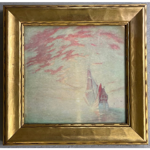 Paper Cory Kilvert (American 1879 - 1946) Nautical Framed Print of a Ship at Sea From His Painting "Into the Setting Sun" For Sale - Image 7 of 7