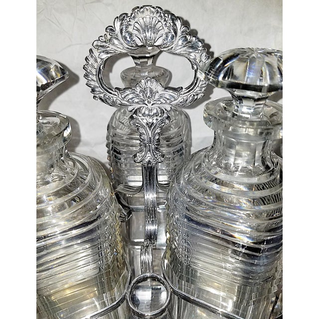 Glass 1900s Georgian Cut Crystal Decanter Triple Set Tantalus - 4 pcs For Sale - Image 7 of 12