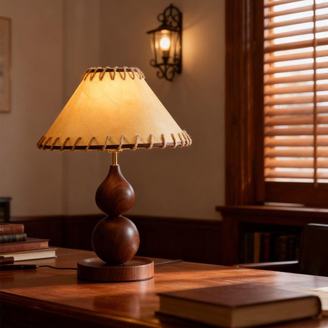 Art Deco Cracked Leather & Walnut Lamp For Sale - Image 3 of 6