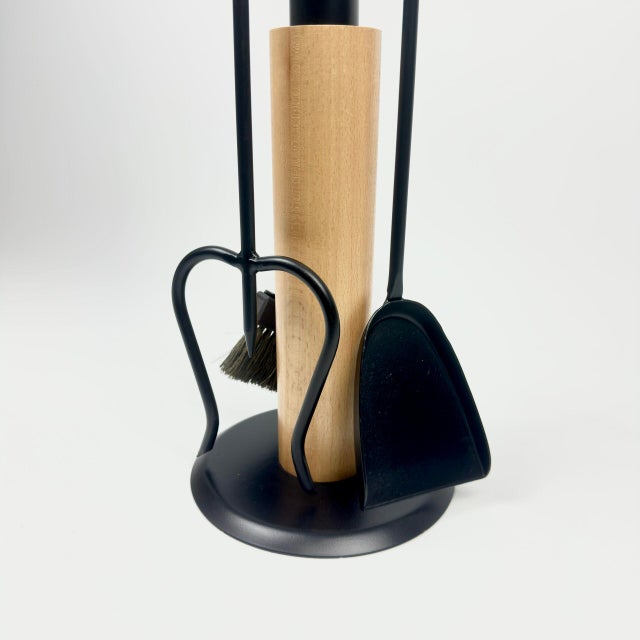 Modern Fireplace Tool Set (66cm) Matte Black & Natural Wood Handles – 4 Piece Kit For Sale - Image 6 of 10