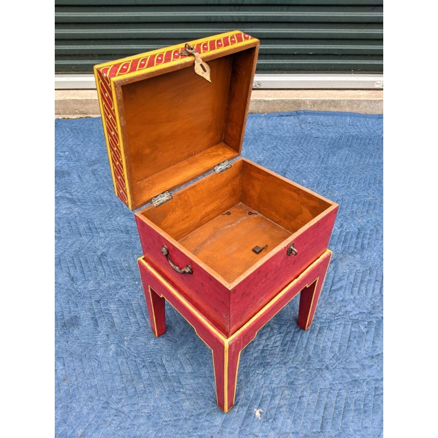 Wood Vintage Chinese Red & Yellow Lacquer Lidded Wooden Treasure Box on Custom Stand For Sale - Image 7 of 12