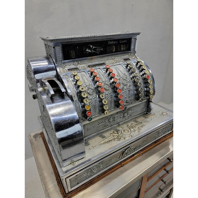 Metal Antique National Cash Register on Custom Antique Industrial Standing Cash Drawer For Sale - Image 7 of 7